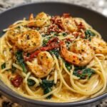 Close-up of Irresistible Creamy Tuscan Shrimp Pasta with plump shrimp, spinach, and sun-dried tomatoes.
