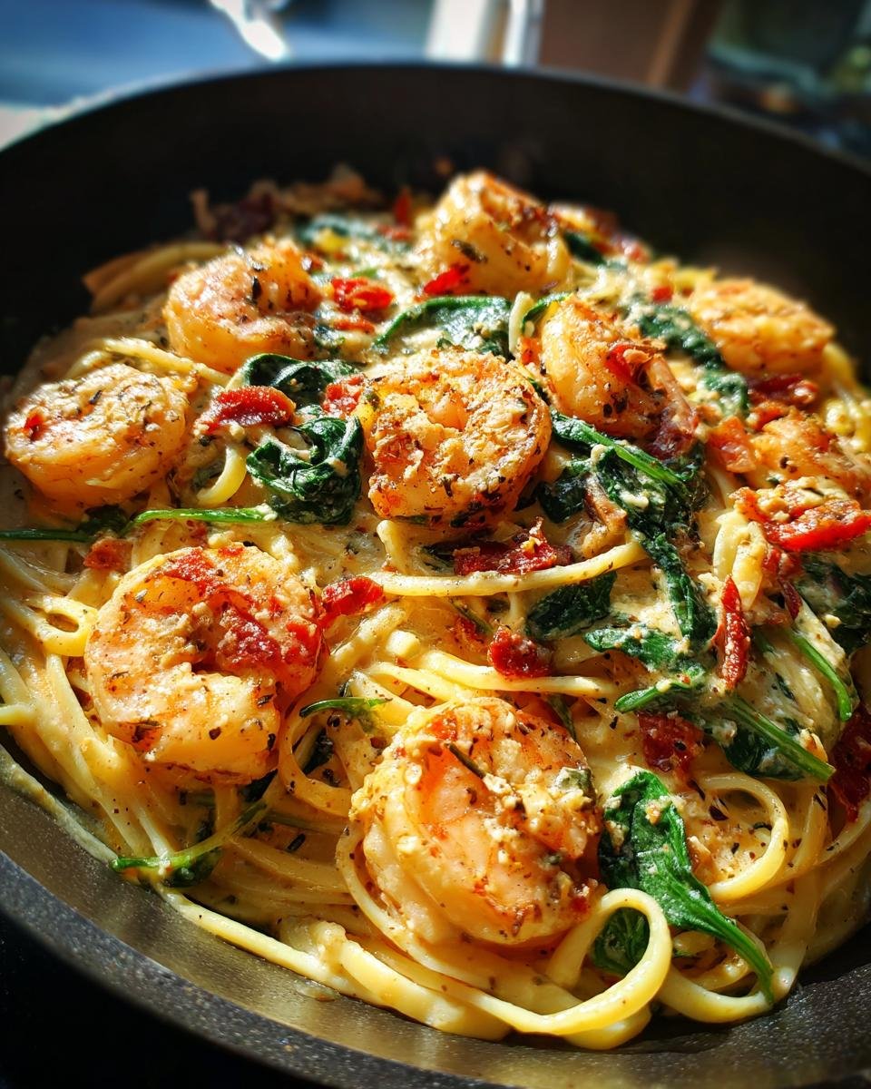 Close-up of Irresistible Creamy Tuscan Shrimp Pasta with plump shrimp, spinach, and sun-dried tomatoes in a rich sauce.