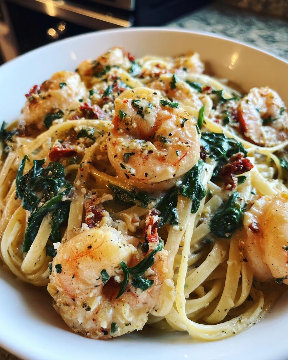 A close-up of Irresistible Creamy Tuscan Shrimp Pasta, featuring plump shrimp, fettuccine, spinach, and sun-dried tomatoes in a rich sauce.