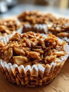 Close-up of Irresistible Easy No Bake Peanut Butter Oat Cups in white paper liners on a wooden surface.