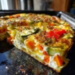 A tempting slice of Irresistible Easy Oven Baked Frittata filled with colorful vegetables like carrots, zucchini, and bell peppers.