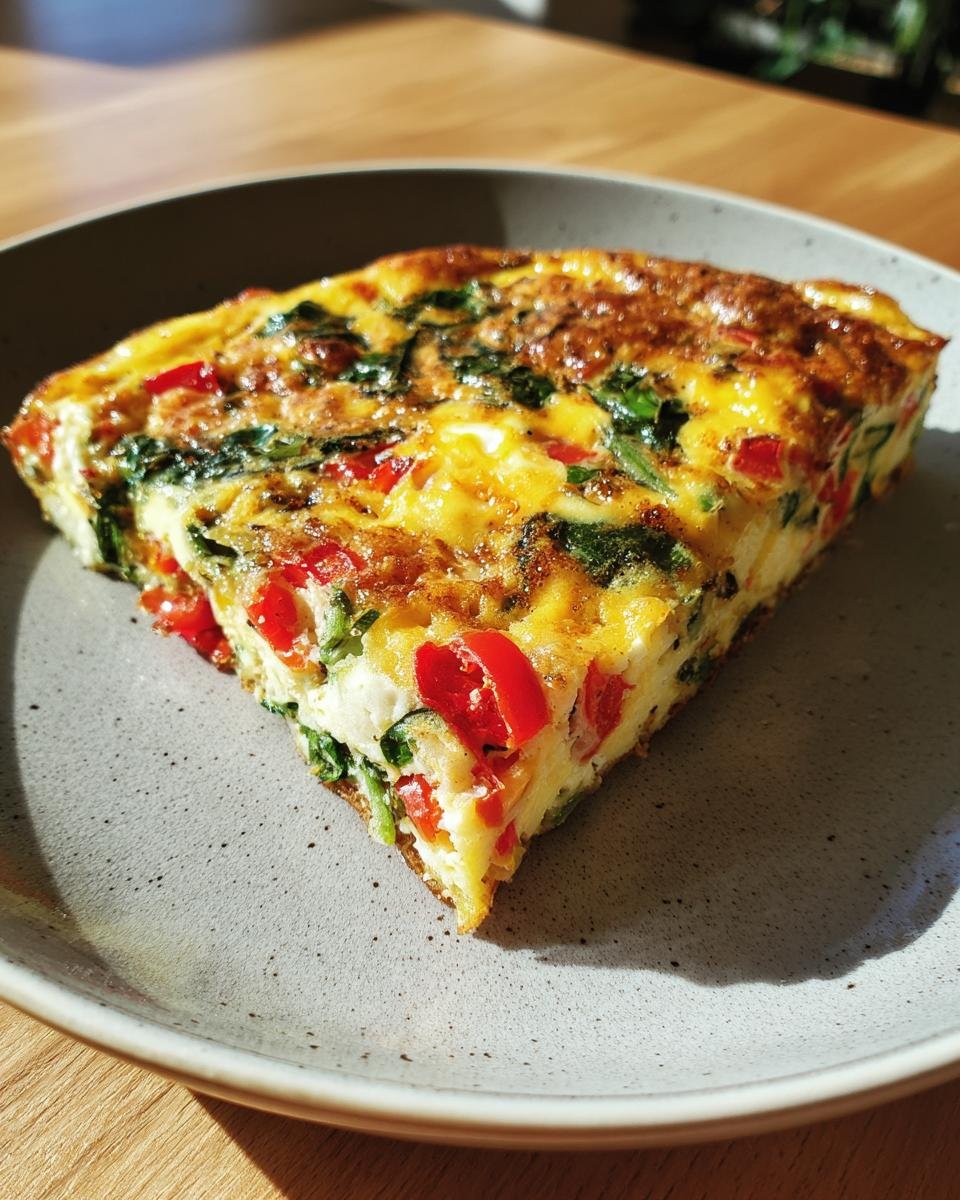 A slice of Irresistible Easy Oven Baked Frittata with spinach and red peppers on a grey plate.