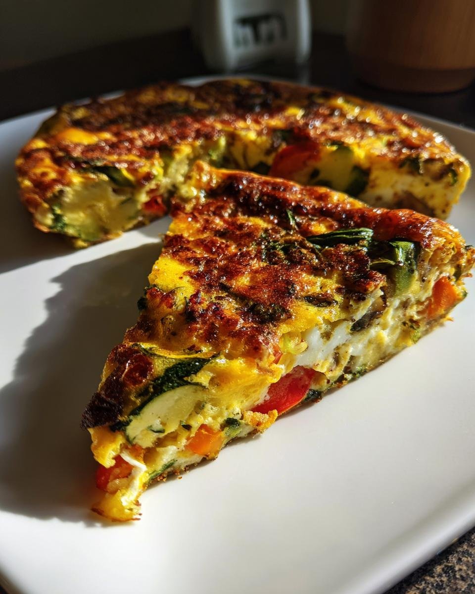 A slice of Irresistible Easy Oven Baked Frittata with vegetables like zucchini and bell peppers.