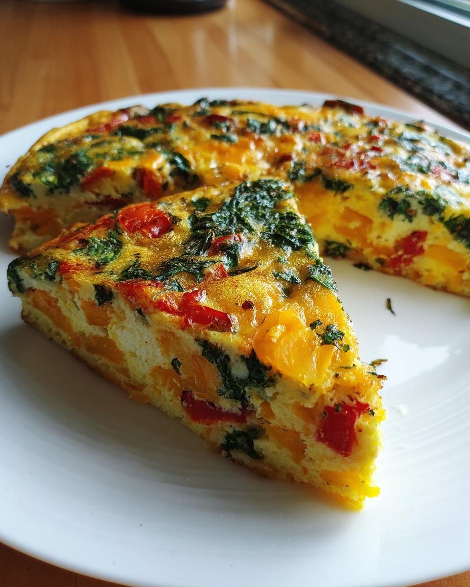 A delicious slice of Irresistible Easy Oven Baked Frittata Recipe, packed with vegetables and cheese.