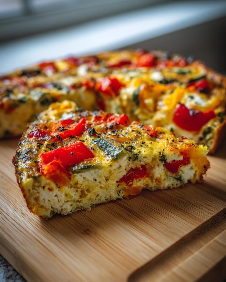 A slice of an irresistible easy oven baked frittata recipe with red peppers and herbs on a wooden board.