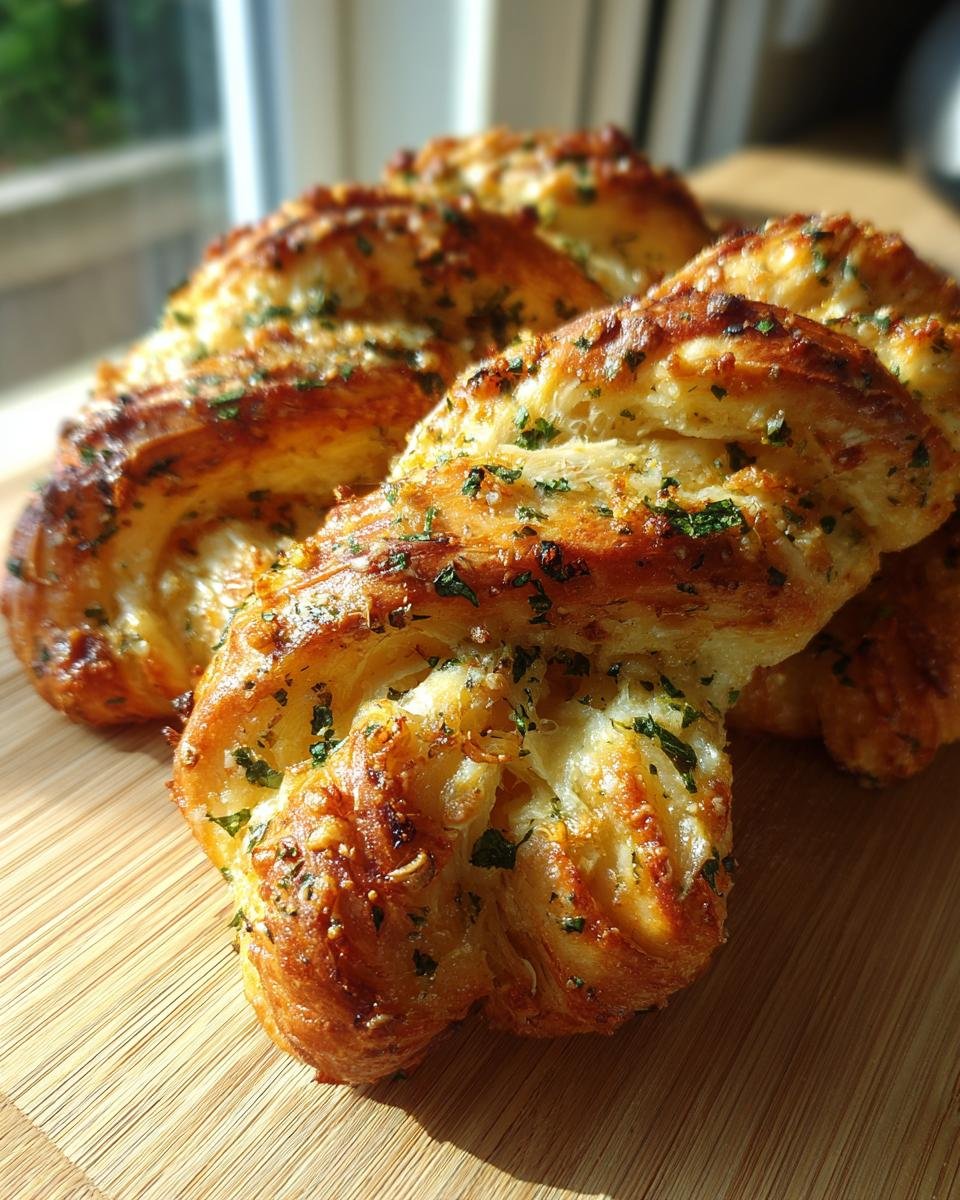 Close-up of golden brown, twisted garlic bread twists sprinkled with parsley.