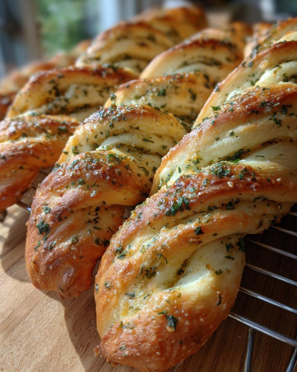 Close-up of golden brown, soft, and buttery irresistible garlic bread twists, sprinkled with herbs.