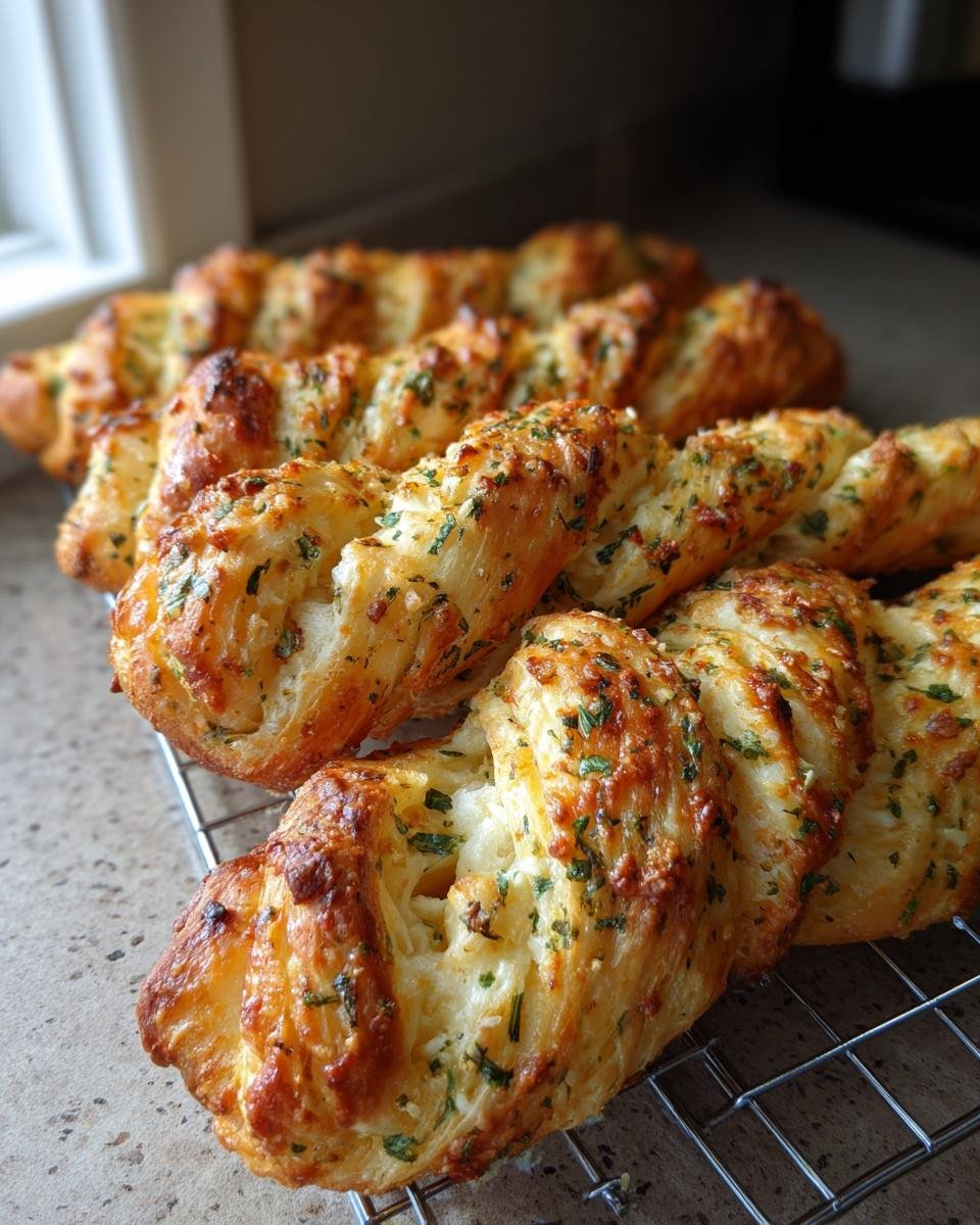 Close-up of golden brown, twisted garlic bread twists sprinkled with herbs on a cooling rack.