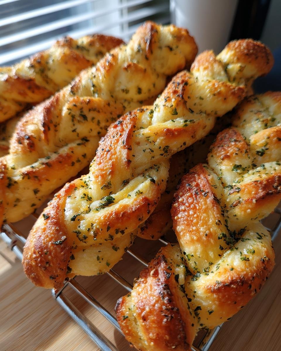Close-up of Irresistible Garlic Bread Twists, golden brown and sprinkled with parsley.