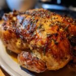 Close-up of a golden-brown, juicy Irresistible Garlic Herb Roasted Chicken, seasoned with herbs.