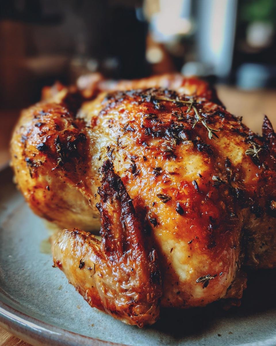 A close-up of a golden-brown, perfectly roasted chicken seasoned with garlic and herbs.