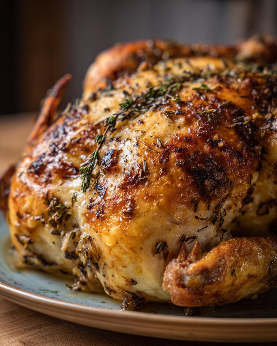 A whole, golden-brown roasted chicken seasoned with garlic and herbs, ready to serve.