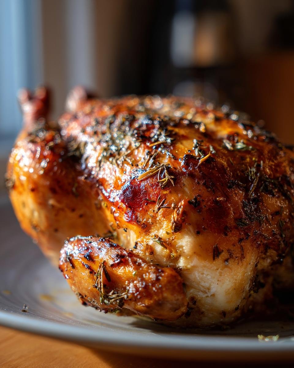 Close-up of a golden brown, Irresistible Garlic Herb Roasted Chicken on a plate, seasoned with herbs.