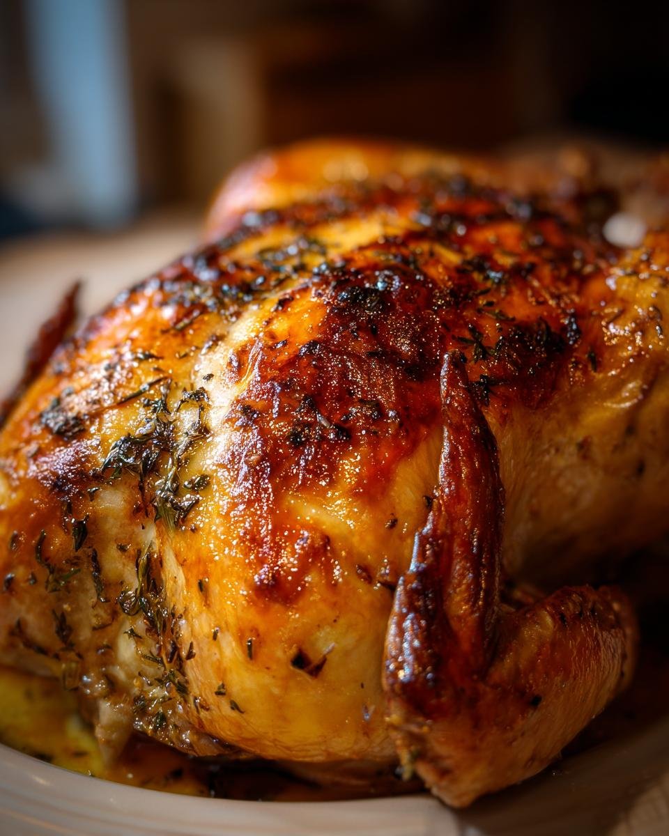 Close-up of a golden-brown, Irresistible Garlic Herb Roasted Chicken, glistening and seasoned with herbs.
