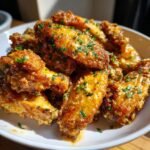A close-up of a pile of Irresistible Garlic Parmesan Chicken Wings, glistening with sauce and topped with fresh parsley.