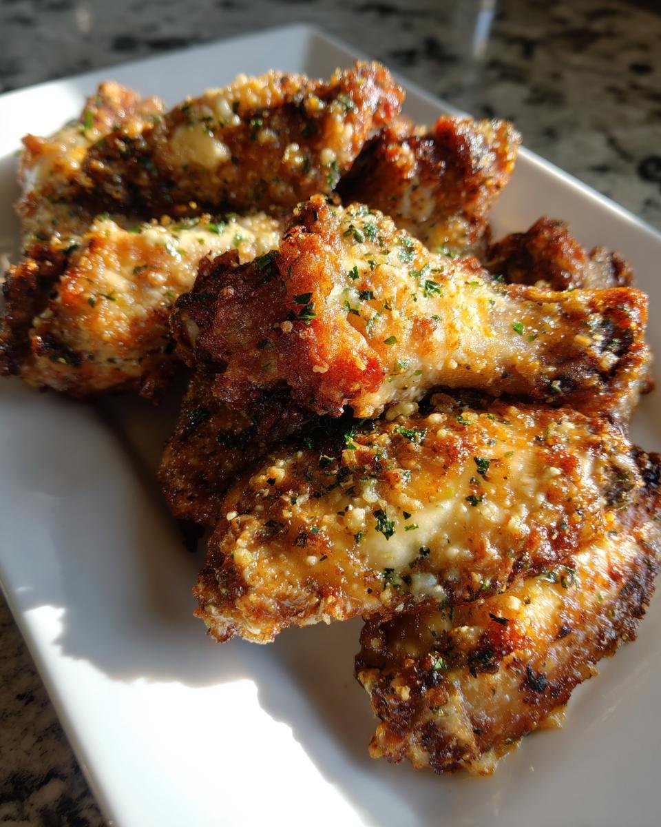 A close-up view of a plate piled high with Irresistible Garlic Parmesan Chicken Wings, glistening and sprinkled with herbs.