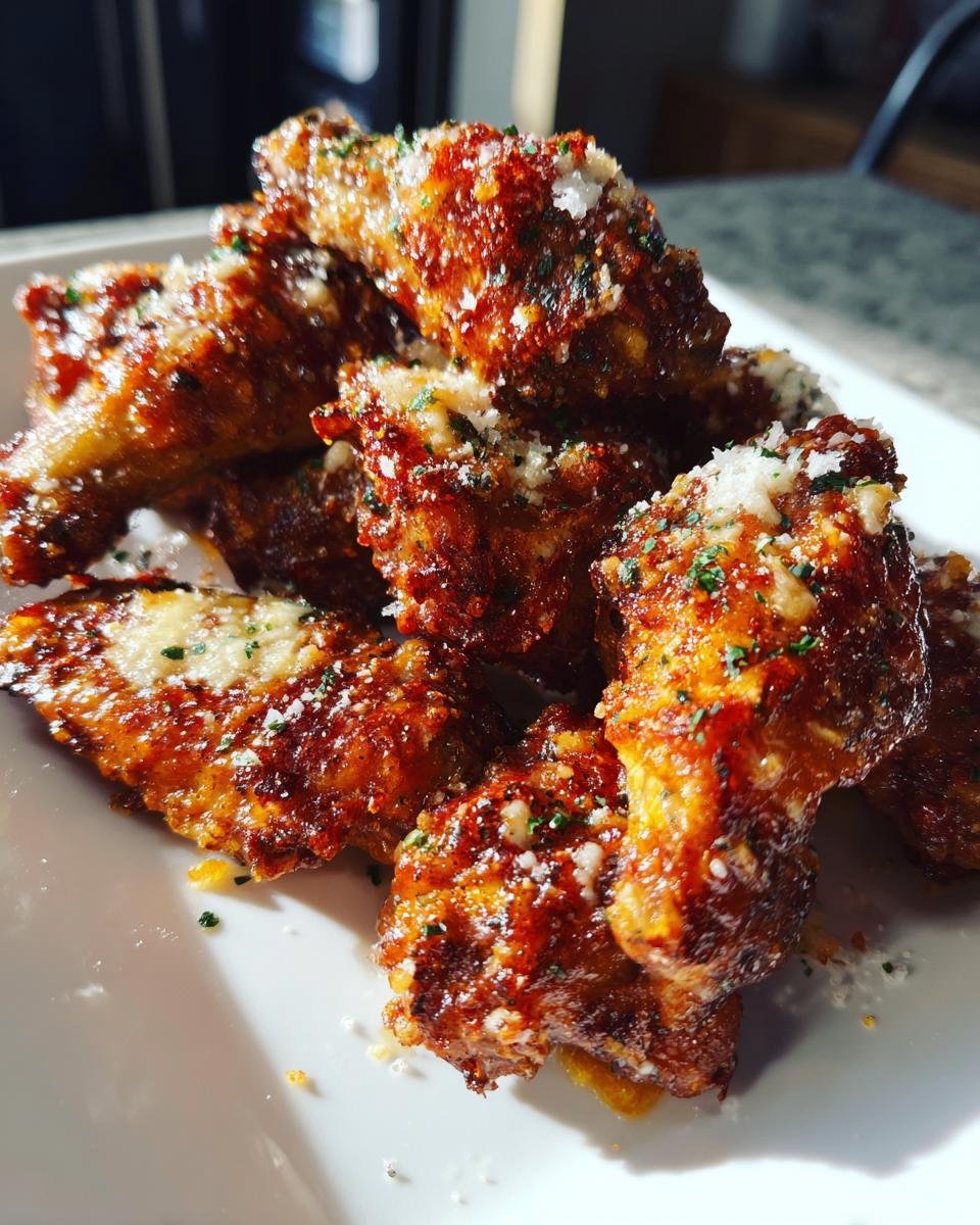 A close-up shot of a pile of Irresistible Garlic Parmesan Chicken Wings, glistening and topped with shredded cheese and herbs.