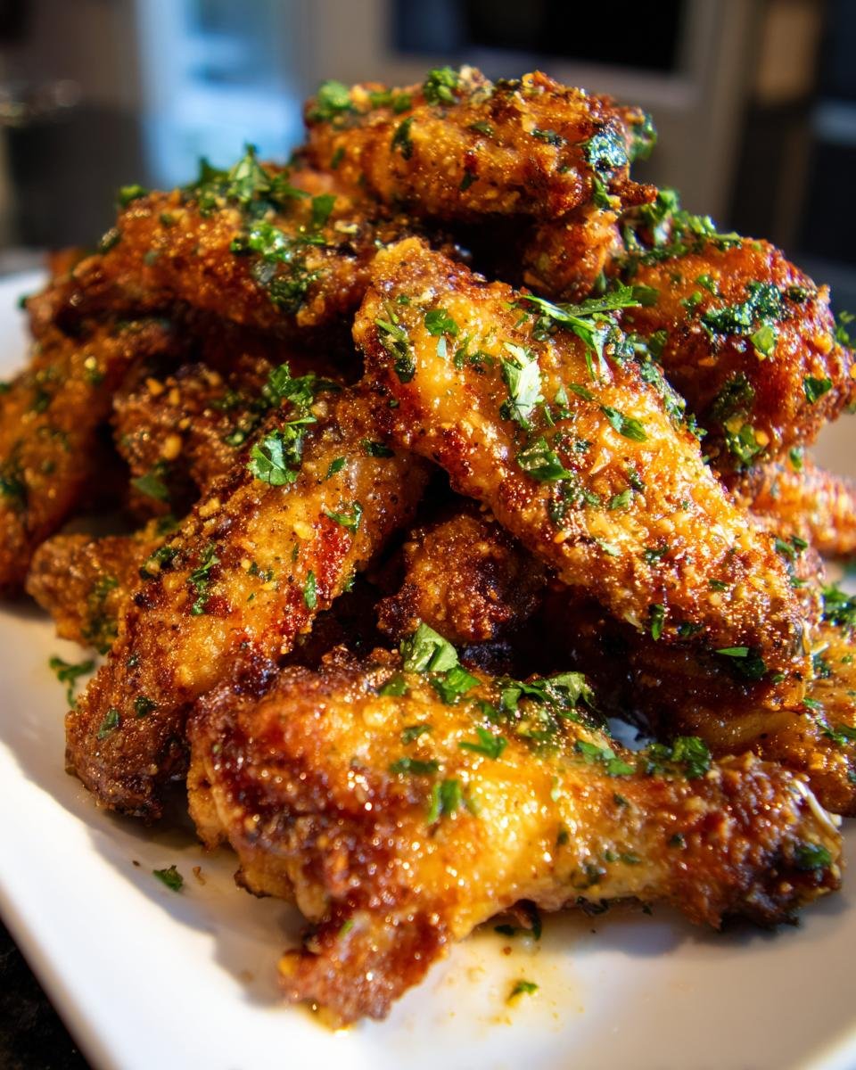 A close-up of a pile of Irresistible Garlic Parmesan Chicken Wings, glistening with sauce and sprinkled with fresh parsley.
