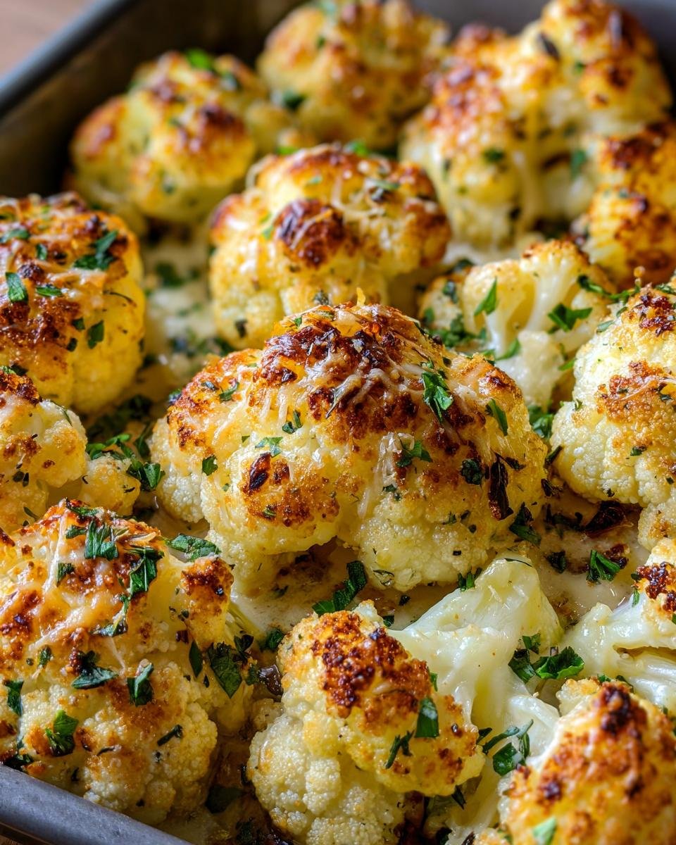 Close-up of Irresistible Garlic Parmesan Roasted Cauliflower florets baked with cheese and herbs in a pan.