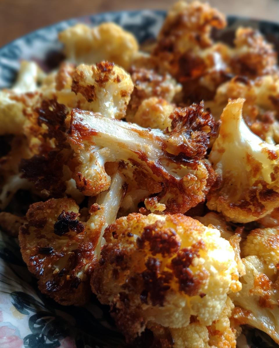 Close-up of Irresistible Garlic Parmesan Roasted Cauliflower florets, golden brown and slightly charred.
