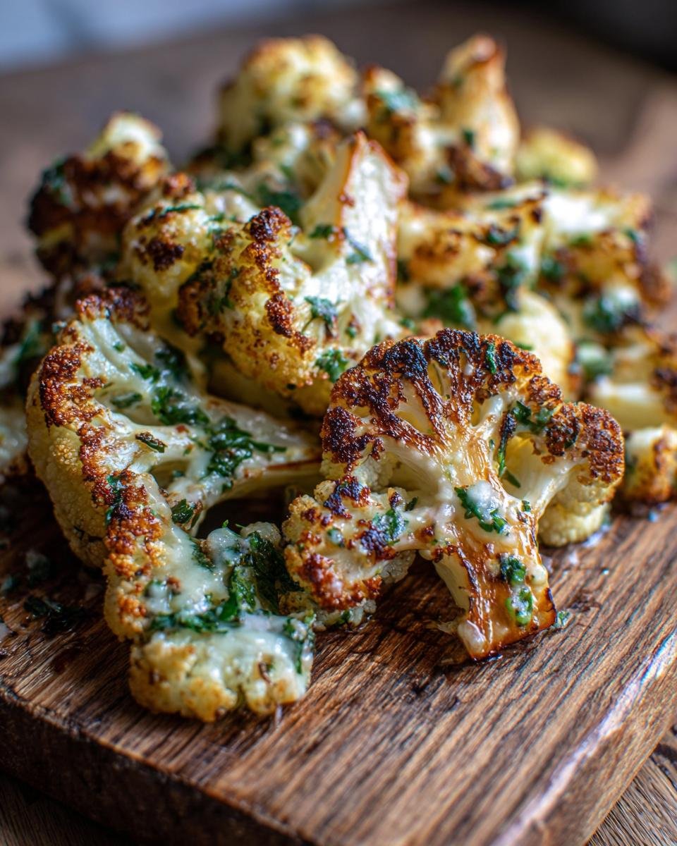 Close-up of Irresistible Garlic Parmesan Roasted Cauliflower florets on a wooden board, glistening with sauce and herbs.