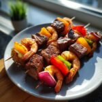Close-up of Irresistible Grilled Steak Shrimp Kabobs with colorful bell peppers and red onion on a gray plate.