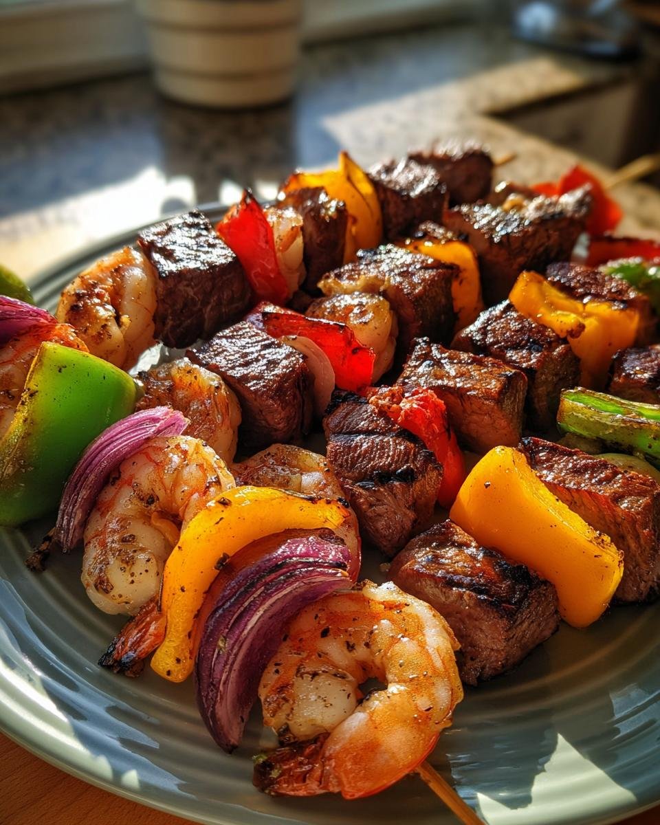 Close-up of Irresistible Grilled Steak Shrimp Kabobs with colorful bell peppers and red onion on a plate.
