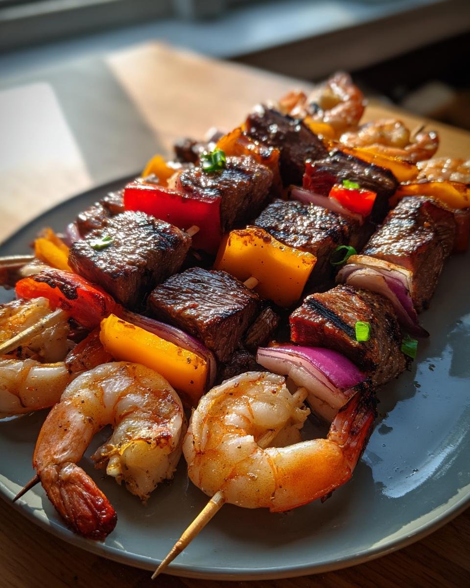 Close-up of Irresistible Grilled Steak Shrimp Kabobs with colorful bell peppers and red onion on a plate.