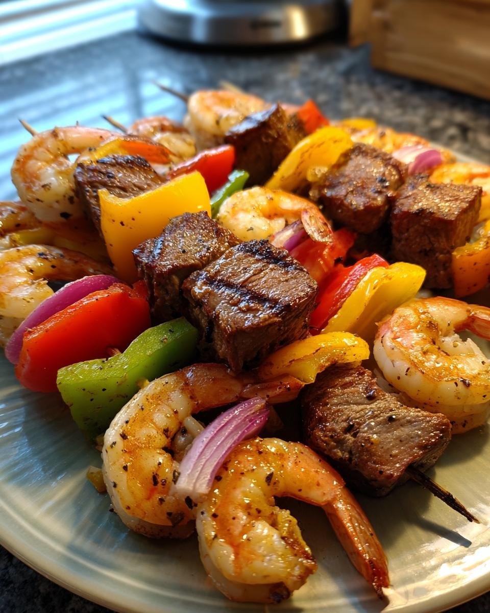 Close-up of Irresistible Grilled Steak Shrimp Kabobs with colorful bell peppers and red onion.