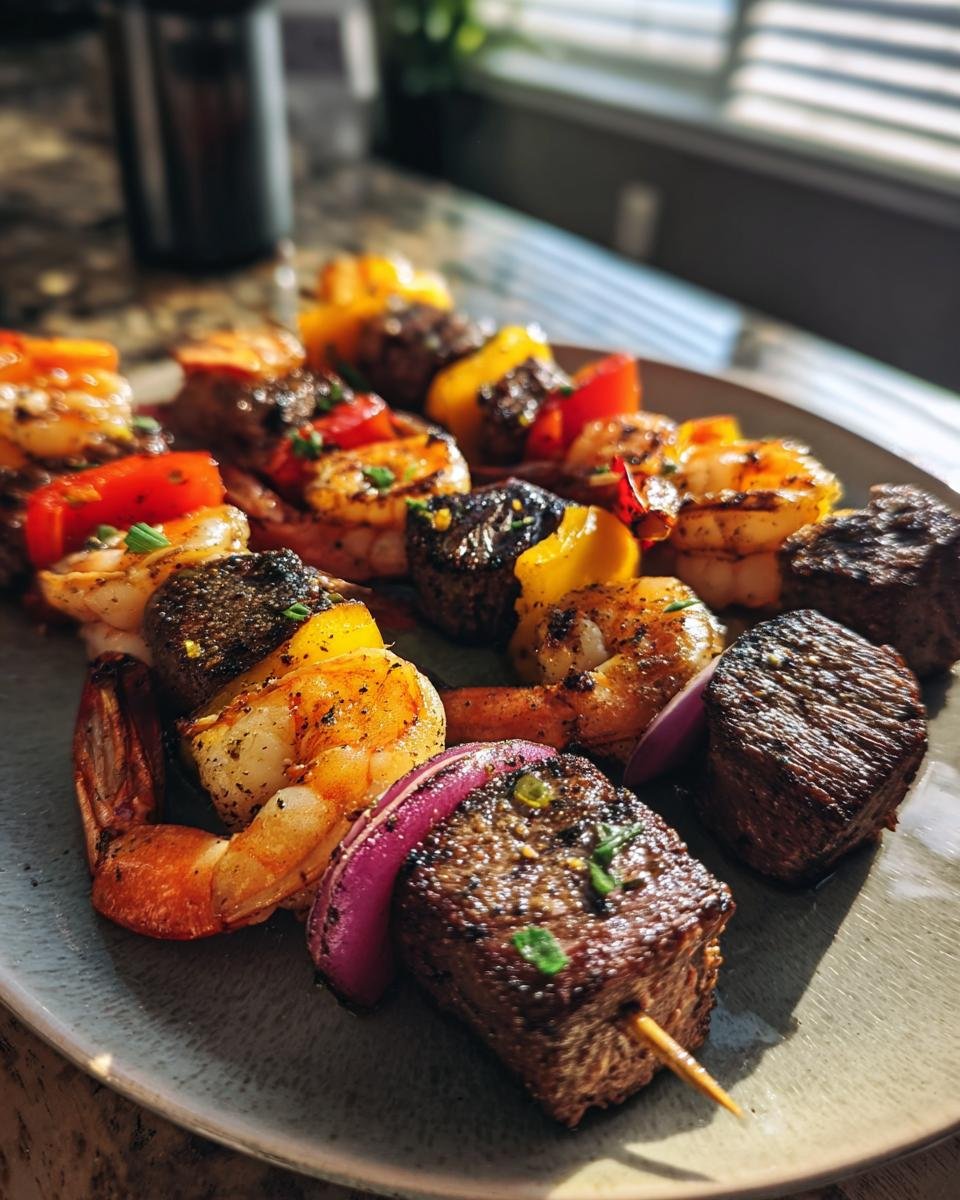 Close-up of Irresistible Grilled Steak Shrimp Kabobs with bell peppers and red onion on a plate.