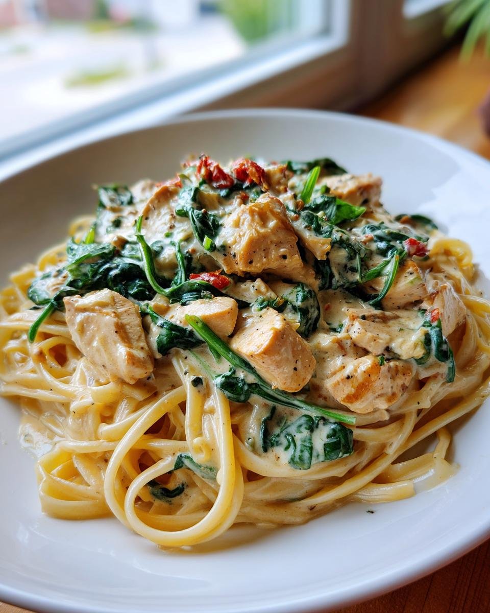 Close-up of Irresistible Healthy Tuscan Chicken Pasta with creamy sauce, spinach, and sun-dried tomatoes.