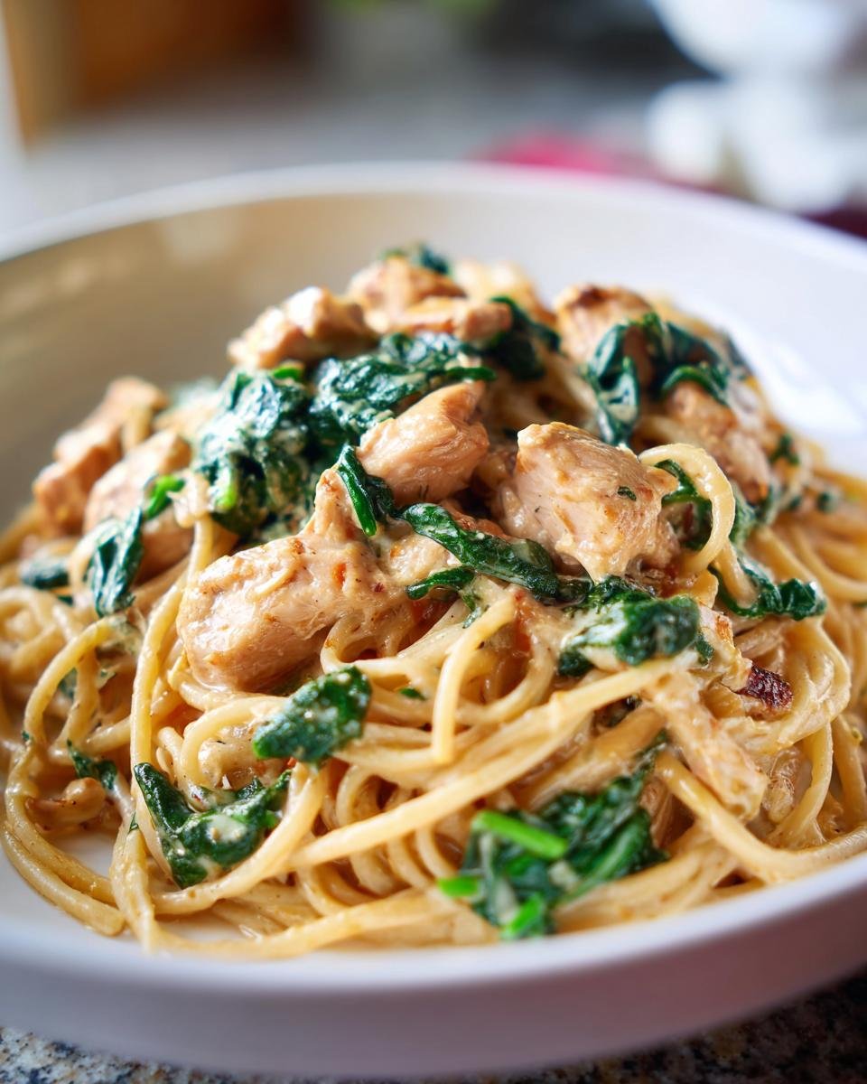 Close-up of Irresistible Healthy Tuscan Chicken Pasta with tender chicken pieces and spinach in a creamy sauce.