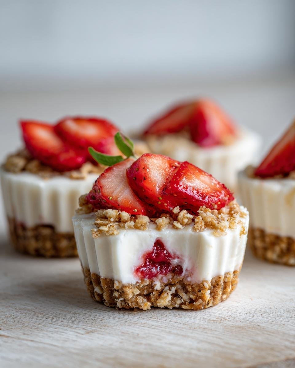 Close-up of Irresistible High Protein Healthy Strawberry Cheesecake Bites topped with fresh strawberries and granola.