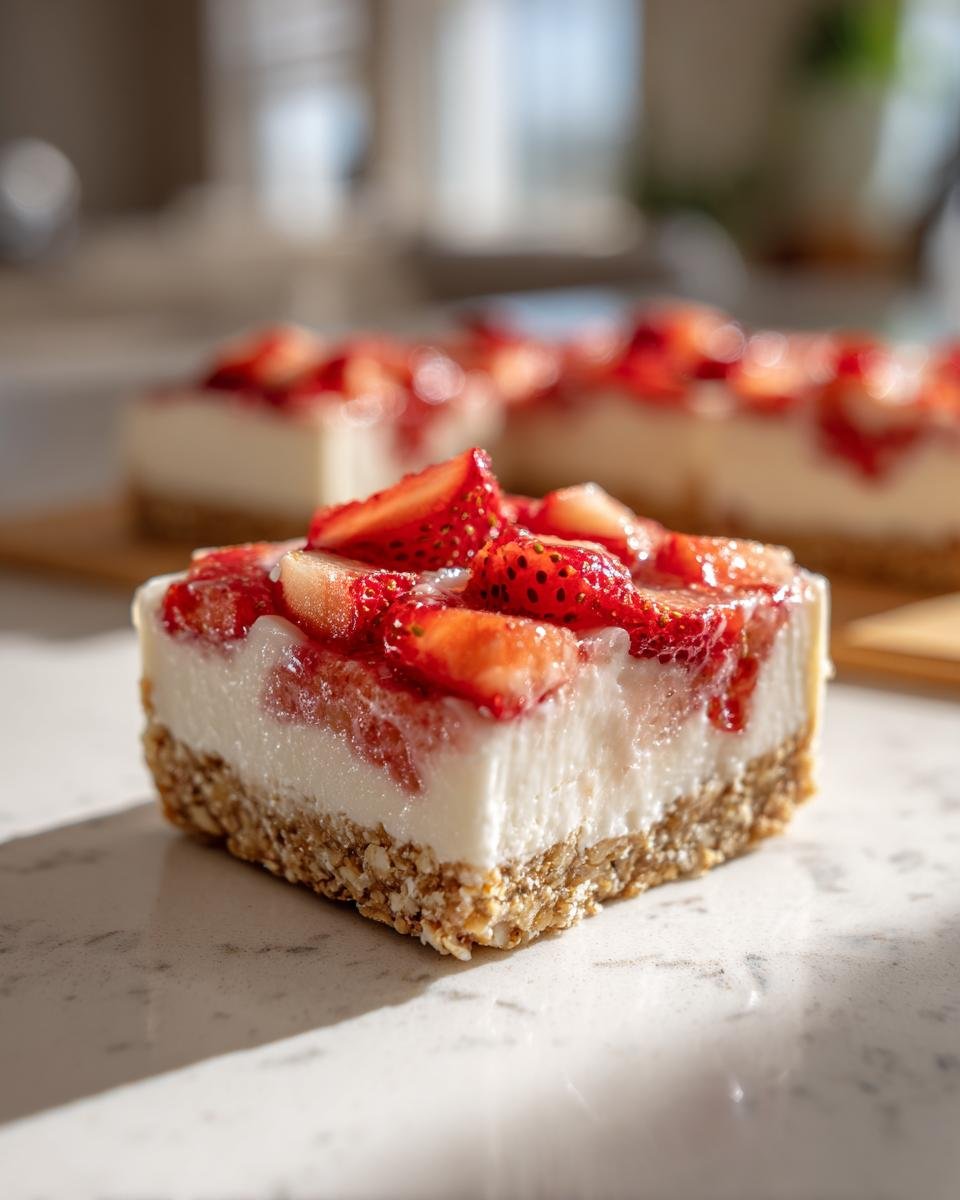 Close-up of an Irresistible High Protein Healthy Strawberry Cheesecake Bite with a crunchy oat base and fresh strawberry topping.