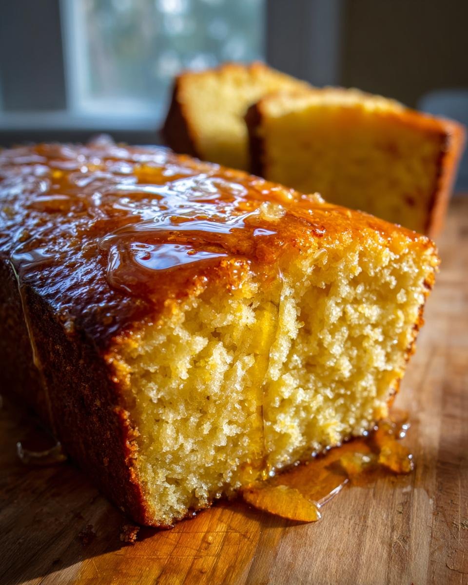 Close-up of Irresistible Honey Butter Cornbread, glistening with honey drizzle on a wooden board.