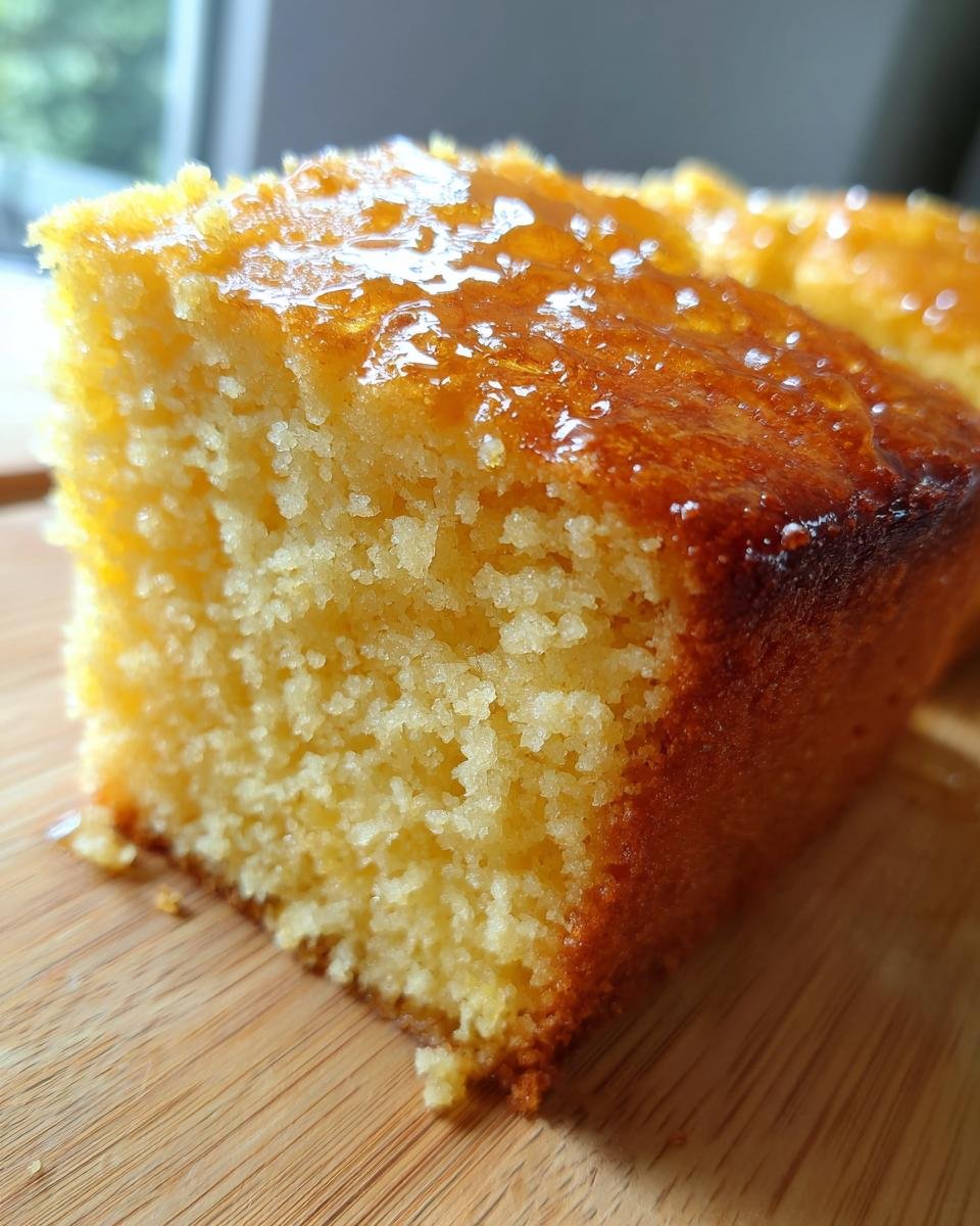 Close-up of a slice of Irresistible Honey Butter Cornbread Recipe, showing its moist texture and glossy honey butter topping.