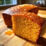 A close-up of a slice of Irresistible Honey Butter Cornbread, showcasing its golden crumb and glistening honey butter glaze.