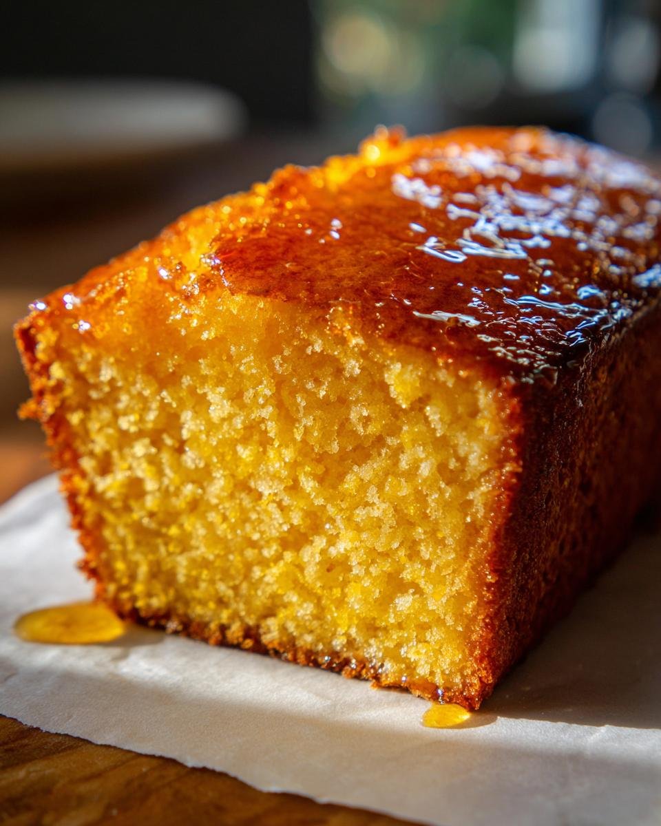 A close-up of a slice of Irresistible Honey Butter Cornbread, glistening with honey glaze.