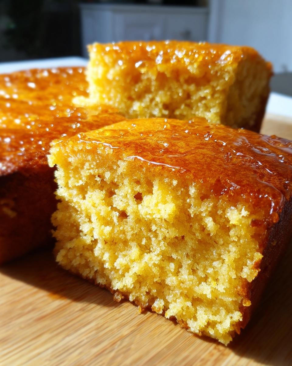 Close-up of a moist slice of Irresistible Honey Butter Cornbread, glistening with a honey glaze.