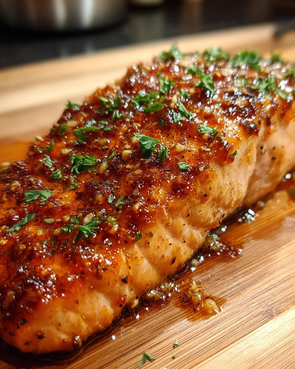 Close-up of a glistening honey butter garlic salmon fillet, garnished with fresh parsley, on a wooden board.