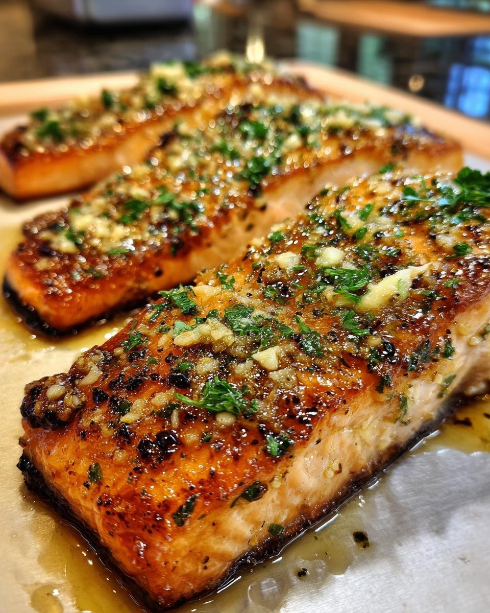 Close-up of three perfectly cooked salmon fillets glazed with honey butter garlic sauce and sprinkled with fresh parsley.