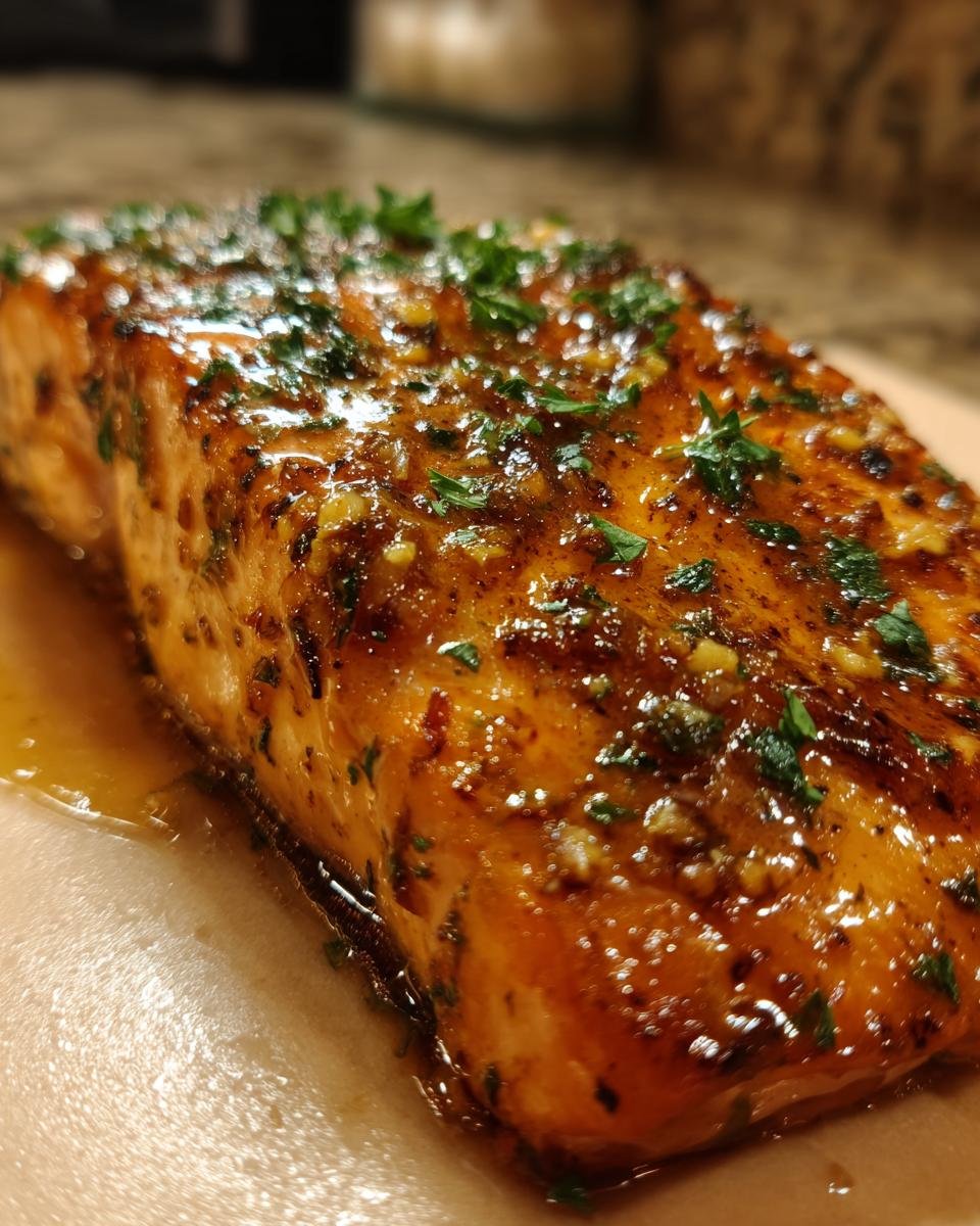 Close-up of a glistening fillet of Irresistible Honey Butter Garlic Salmon, topped with fresh parsley.