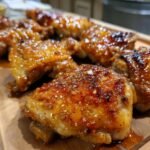 Close-up of juicy Irresistible Honey Garlic Chicken Thighs, glazed and glistening with sauce.