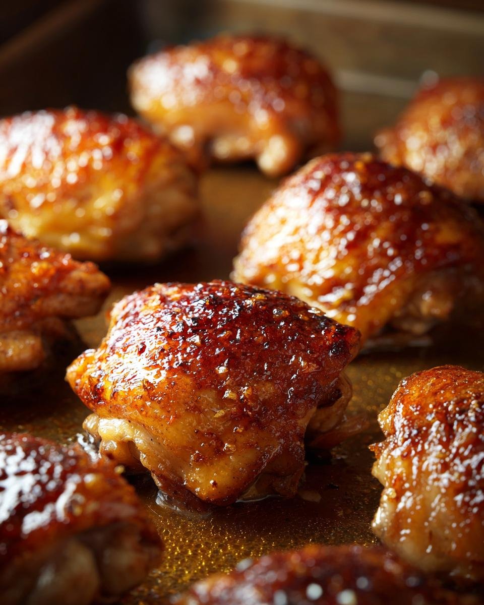 Close-up of juicy Irresistible Honey Garlic Chicken Thighs with a glossy glaze.