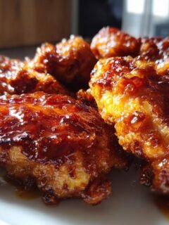 Close-up of Irresistible Honey Garlic Chicken Thighs, glistening with a rich, sticky sauce.