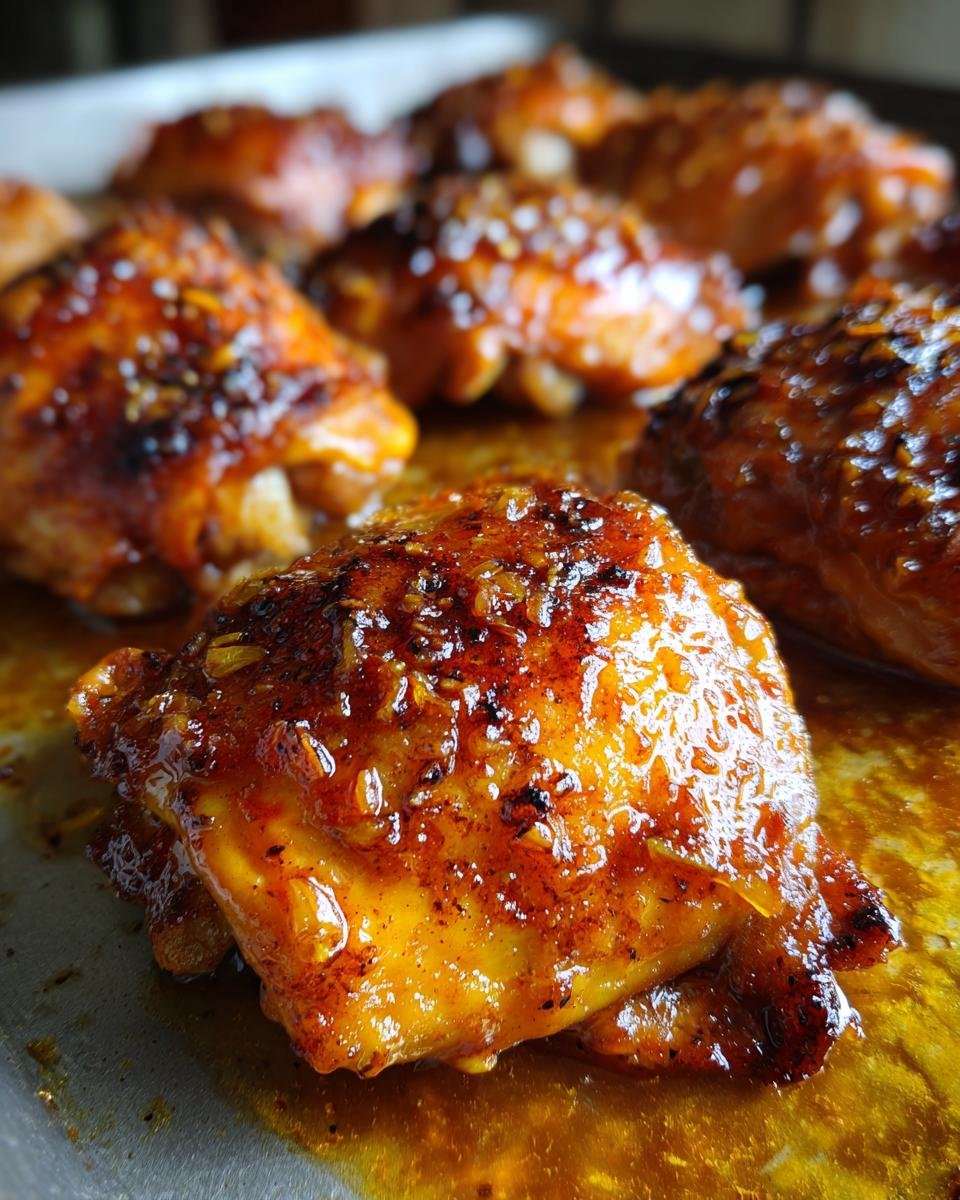 Close-up of Irresistible Honey Garlic Chicken Thighs, glistening with sauce on a baking sheet.