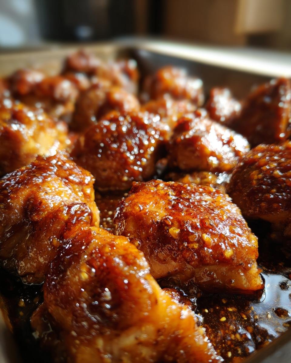 Close-up of juicy, glazed Irresistible Honey Garlic Chicken Thighs in a baking dish.