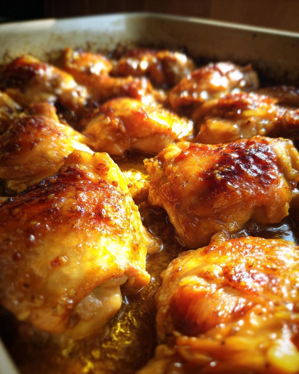 Close-up of juicy, golden-brown honey garlic chicken thighs baked in a dish.