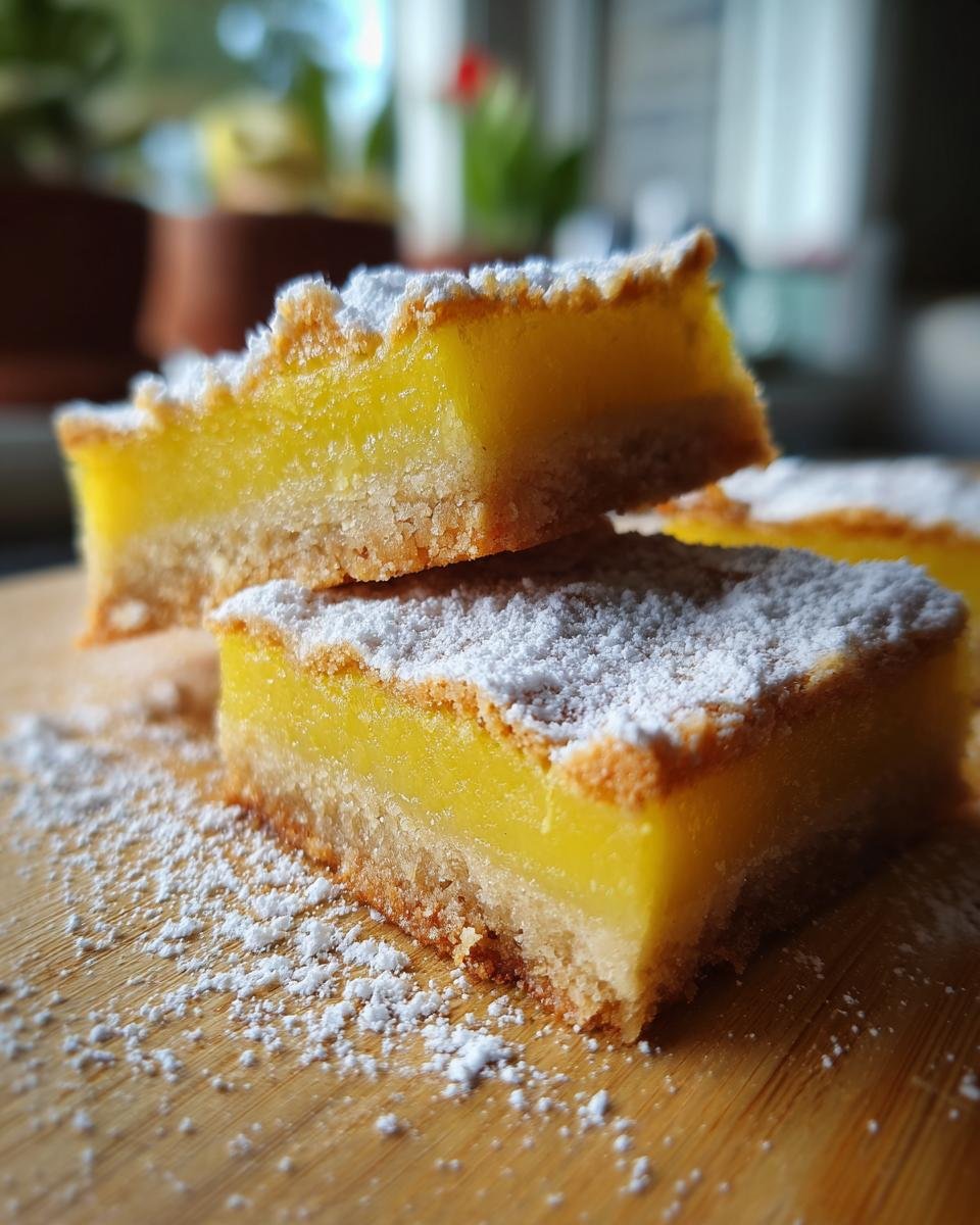Close-up of Irresistible Lemon Bars Sweet Tart Dessert dusted with powdered sugar on a wooden board.