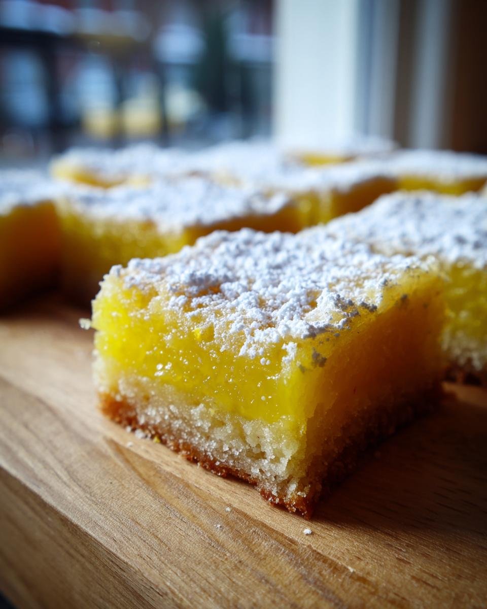 Close-up of Irresistible Lemon Bars, a sweet tart dessert dusted with powdered sugar on a wooden board.
